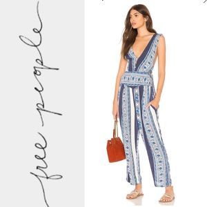 Free People All Shook Up Blue Print Sleeveless Jumpsuit